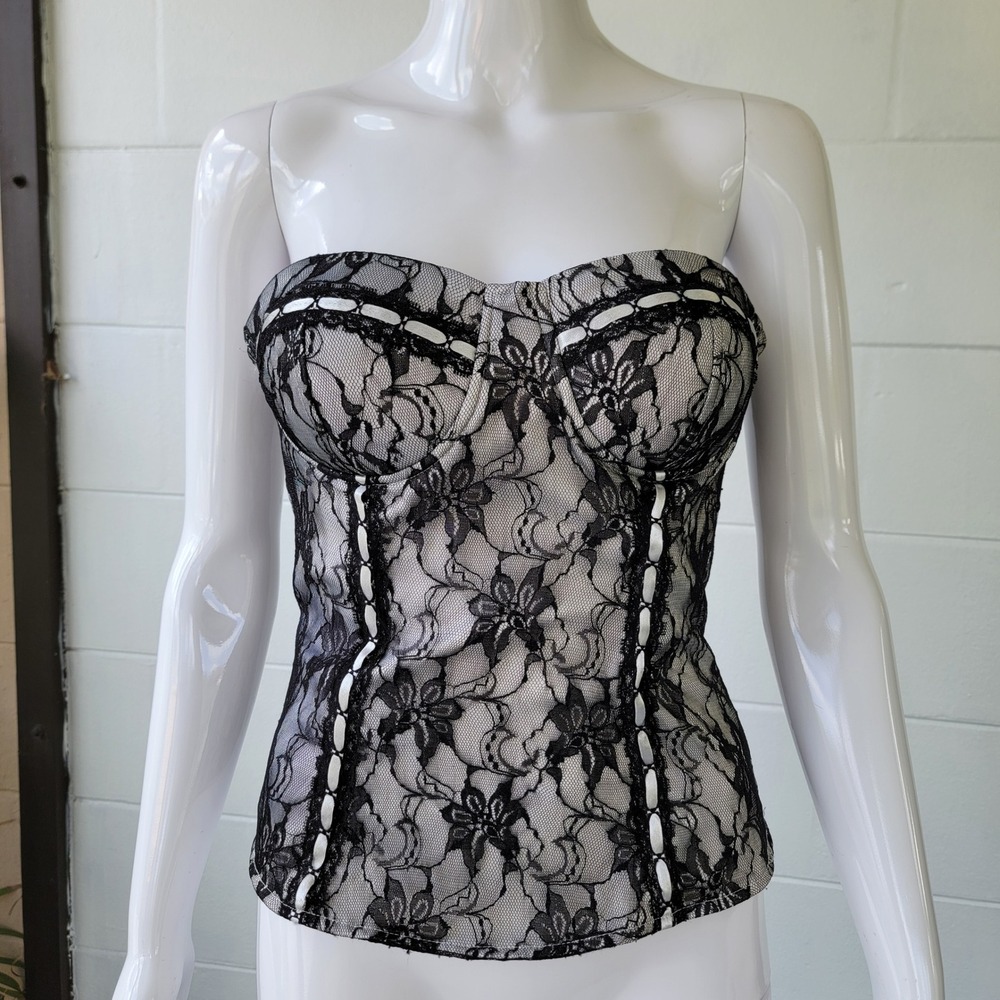 Vintage Y2K Charlotte Russe Corset Top Black White Womens M Goth Coquette Emo